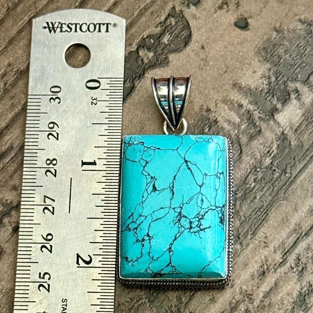 Handcrafted Silver & Natural Turquoise Howlite Rectangular Pendant Necklace - Picture 4 of 6